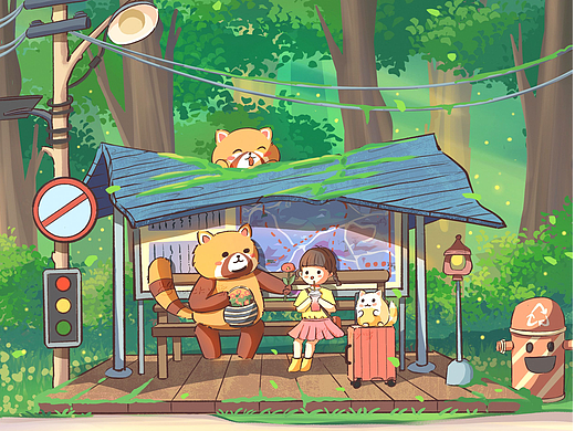 原创治愈系插画|在森林站台来一场奇妙的偶遇吧