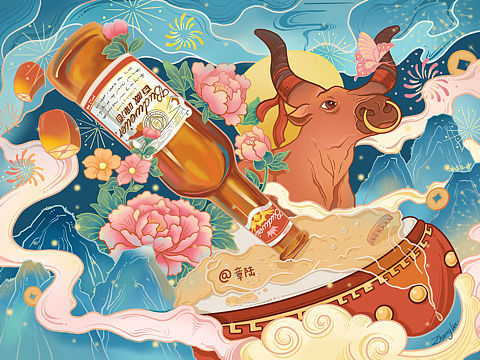 牛年&百威啤酒（个人主页-ZNTk3MDU4Mjg=） - 商业插画 - 站酷设计师章陆ZhangLu原创素材 - 站酷ZCOOL