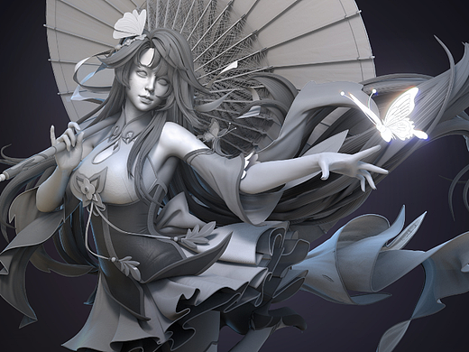 撑伞的古风少女建模wip