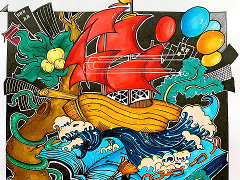 装饰画拼贴设计/彩色装饰画手绘基础练习