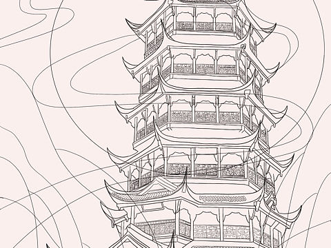 都江堰-玉垒阁国风插画