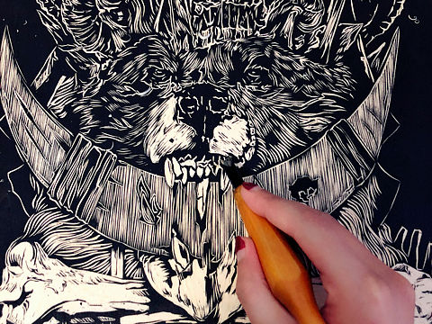 手工木刻版画 骷髅