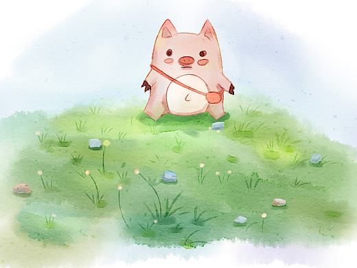 水彩  小猪