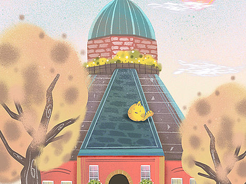 卡通建筑动物插画