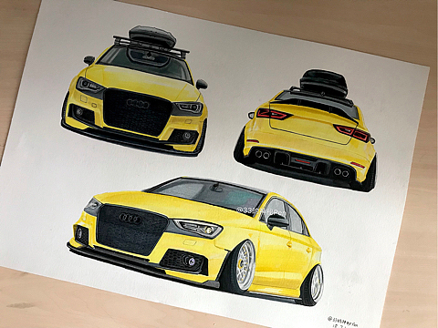 马克笔彩铅手绘:奥迪a3气动小书包:red_car::school_satchel