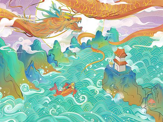 国潮插画之鱼跃龙门