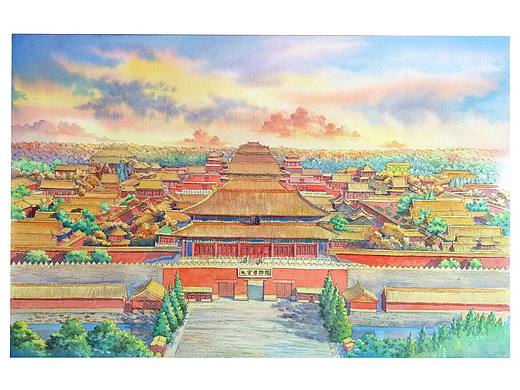 钢笔淡彩-——故宫博物院全景，向黄老师学习