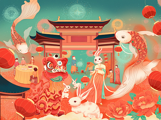 2023兔年主题迎新春节kv插画