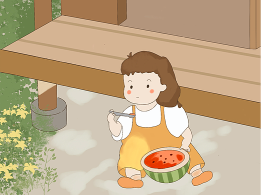 夏天吃西瓜的小姑娘