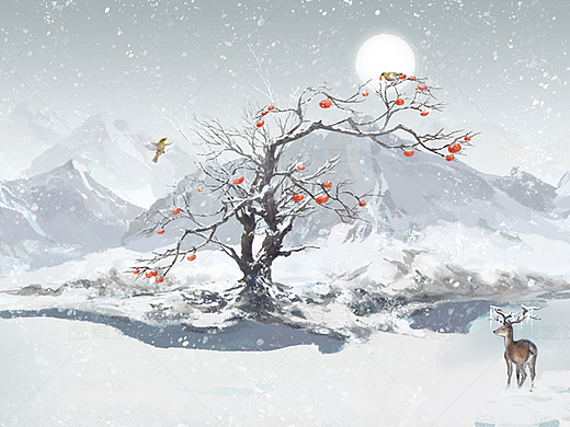 中国风意境冬季雪景山水画