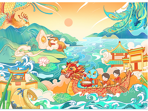 包装插画|汨罗江牛角棕礼盒插画