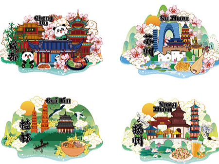 阿茹插画中国城市文化插画系列 AI/CDR矢量分层  