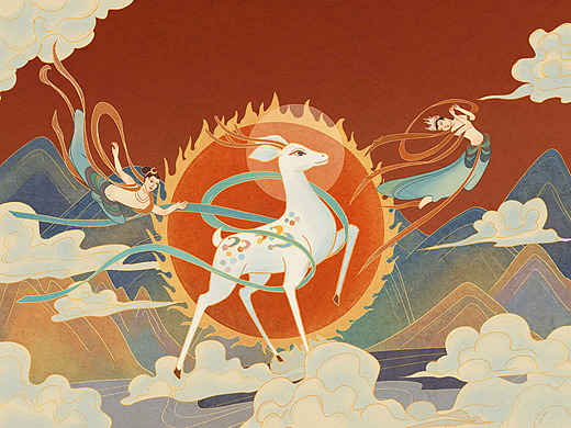 国潮风格插画-敦煌九色鹿飞天山水锦鲤