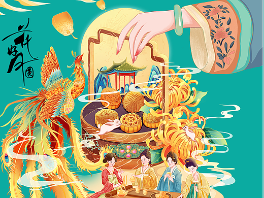 中秋节氛围国潮插画