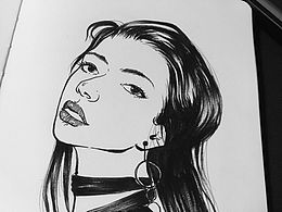 针管笔头像 黑白插画 
