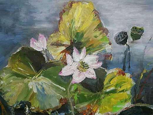 油画《池塘蛙声》作者：果酱女王-俞果 