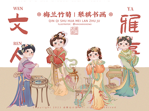 梅兰竹菊/琴棋书画/文人雅事/国风/穆夏风/IP猫猫