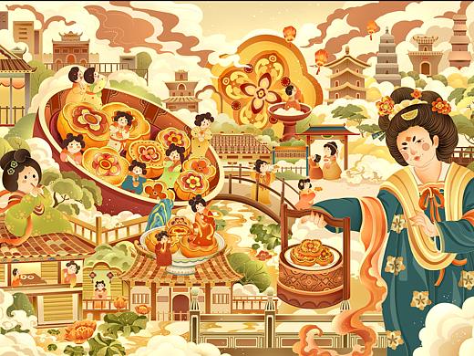 西安特产-鲜花饼 国潮插画