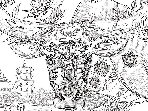 原创手绘商业插画《牛神》横幅长图   产品“绣莲外婆牛香吧 ”外包装封面   