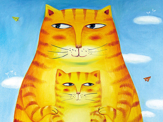 画儿晴天油画作品-亲子猫系列 