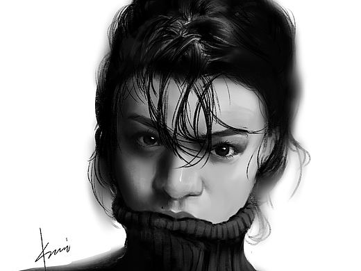 个人练习女生黑白人像厚涂