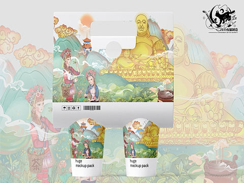 长亭茶馆奶茶包装插画设计