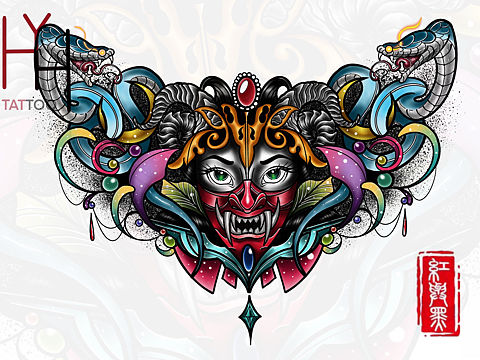 鬼面蛇魔女花胸纹身手稿（个人主页-ZNTc0Mzk5NjQ=） - 商业插画 - 站酷设计师红与黑书画工作室原创素材 - 站酷ZCOOL