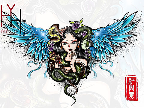 飞蛇女花胸纹身手稿（个人主页-ZNTczNzgwNjA=） - 商业插画 - 站酷设计师红与黑书画工作室原创素材 - 站酷ZCOOL