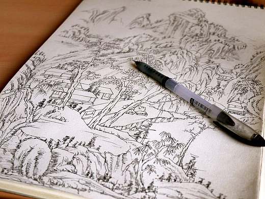 针管笔速写山水画
