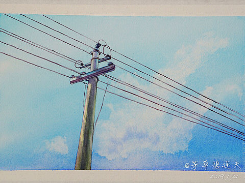 水彩电线杆天空～