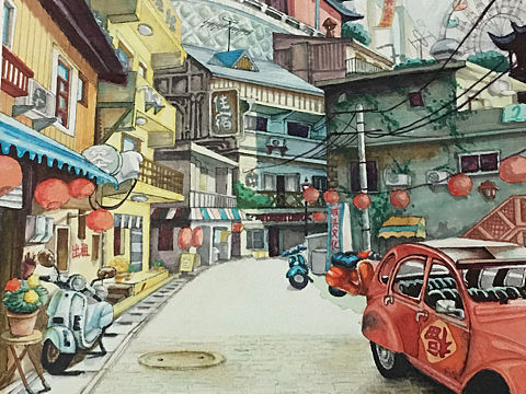 小清新街道场景水彩画