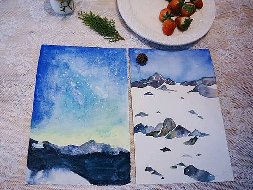 水彩—玉龙雪山,星空