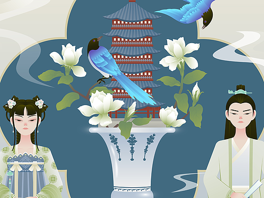 瓷器与古风人物插画系列