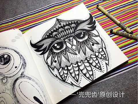 缠绕画，黑白装饰画，民族风，线描，插画，猫头鹰，