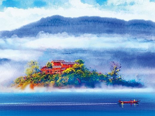 泸沽湖明信片 商业插画定制