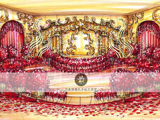 【婚礼手绘】纸面手绘—红金展示区效果图