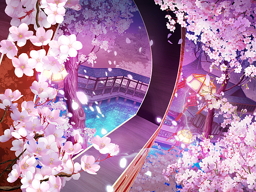 卡牌游戏场景插画，中式樱花园林场景