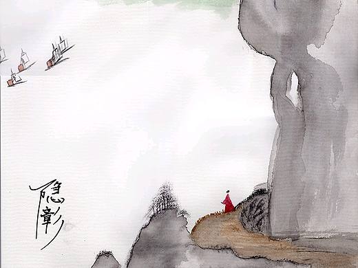 禅意画悬崖千帆过尽山崖高山僧人眺望远方意境插画简约