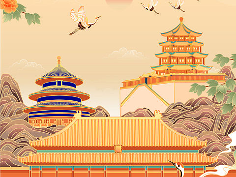 AI矢量插画/北京古建筑/城市建筑/复古中国风 