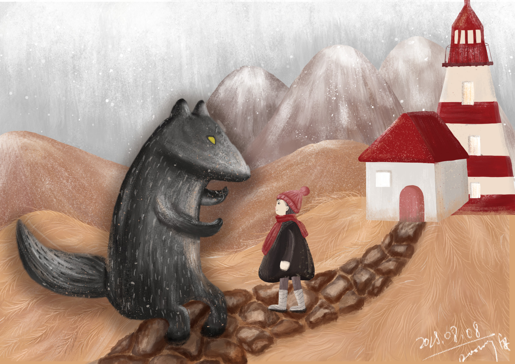 大灰狼跟踪小红帽卡通插图,(小红帽、狼人、狼、童话故事)手绘插图_北极熊素材库