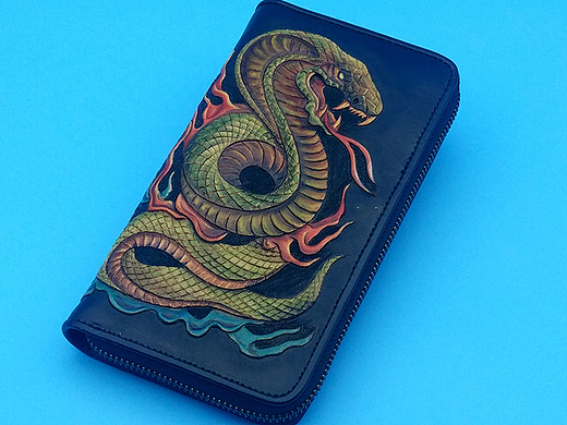 手工皮雕蛇钱包头层牛皮大容量真皮钱夹生肖蛇个性拉链包