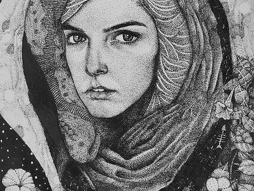 针管笔—包裹头巾的女孩