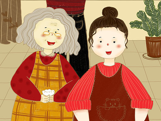 新年一家人包饺子复古肌理插画