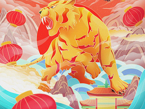 国潮插画虎年限定版之虎头虎脑-新中式包装插画