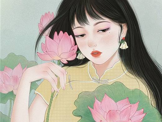 手绘旗袍女孩/十二花神之荷花