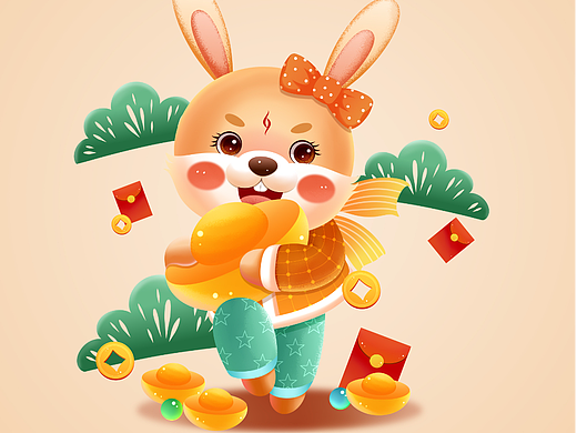 癸卯兔年新年插画 小兔子抱元宝