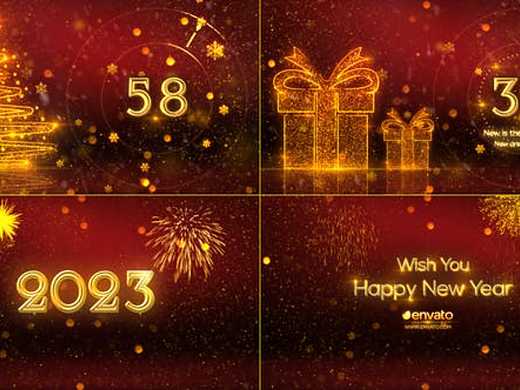 AE模板 | 红色背景金色雪花2023年新年倒计时特效