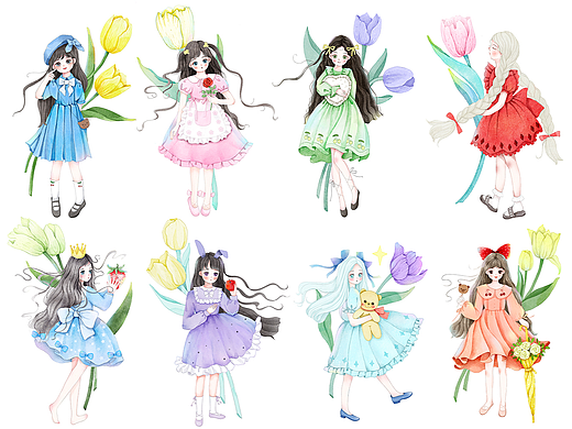 拥抱郁金香的小女孩