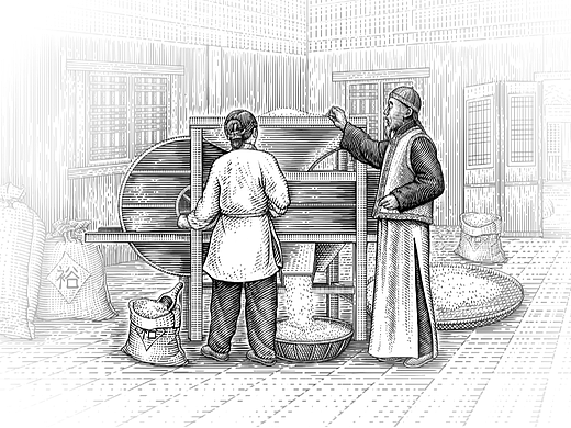 经典版画风格再现裕道府大米包装插画