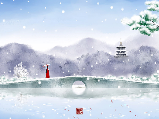 中国风冬天雪景插画